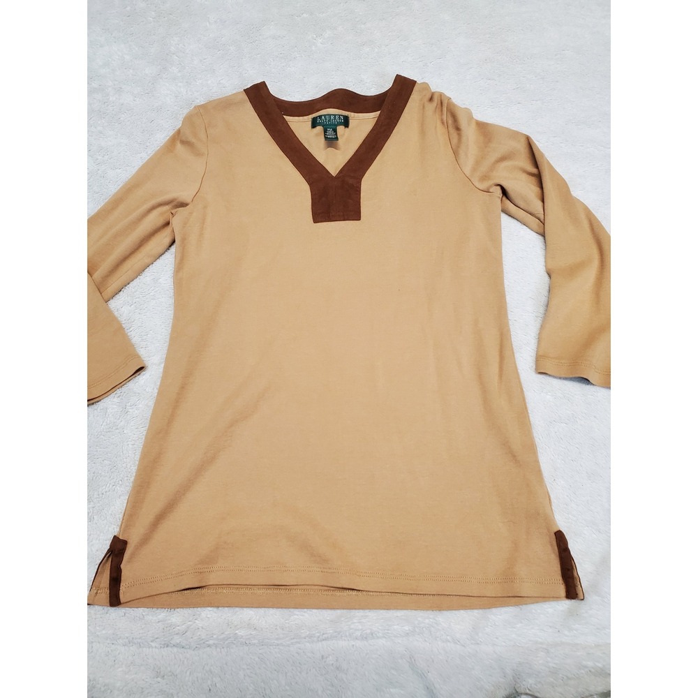 Lauren Ralph Lauren Tan Brown Long Sleeve Tunic Top Petite Medium Classic Casual